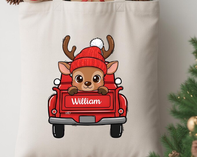 Personalized Reindeer Red Truck Tote Bag, Custom Name Canvas Christmas Shopping Bag, Holiday Farmhouse Gift