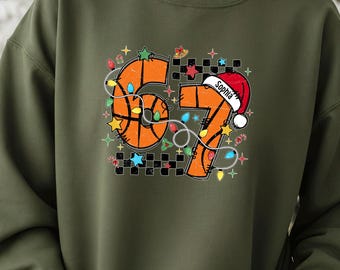 Custom Sports 6 7 Christmas Sweatshirt, Basketball Santa Hoodie, Xmas Gameday, Gift for Player