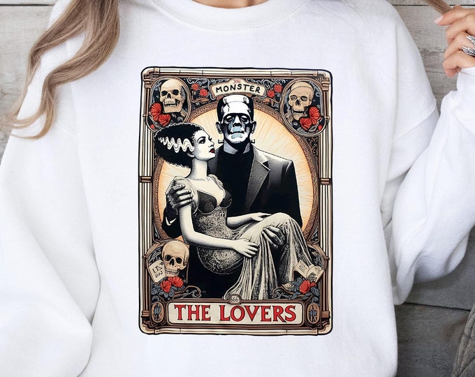The Lovers Tarot Card Sweatshirt, Retro Halloween Sweater,Vintage Halloween Hoodie, Horror Movie Bride Of Frank Hoodie, Monster Card Sweater
