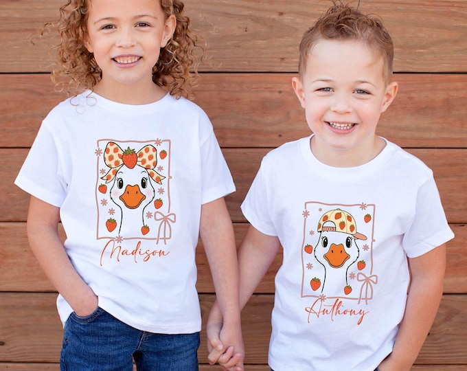 Custom Cute Strawberry Goose Shirts, Summer Goose Shirts for Kids, Coquette Goose Shirt, Strawberry Shirt, Toddler Shirt, Personalized Gift
