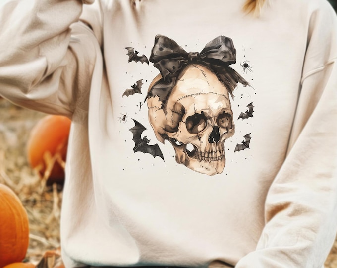 Halloween Bats and Skull Sweatshirt, Halloween Coquette Bow Skull Sweater, Spooky Season Skeleton Sweatshirt, Halloween Gothic Sweatshirt
