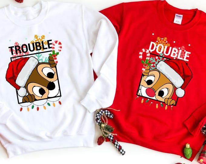 Funny Double Trouble Disney Christmas Sweatshirt, Christmas Family Matching Sweater, Christmas Disney Family Vacation Hoodie, Christmas Gift