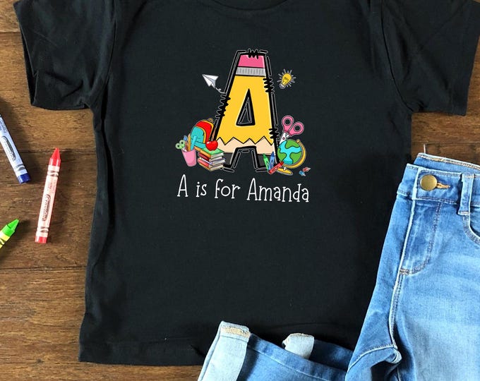 Custom Name School Shirt,Kids Alphabet Shirt, Personalized Kids Shirt,Back to School Gift For Students, Gift For Kids, School Shirt For Kids