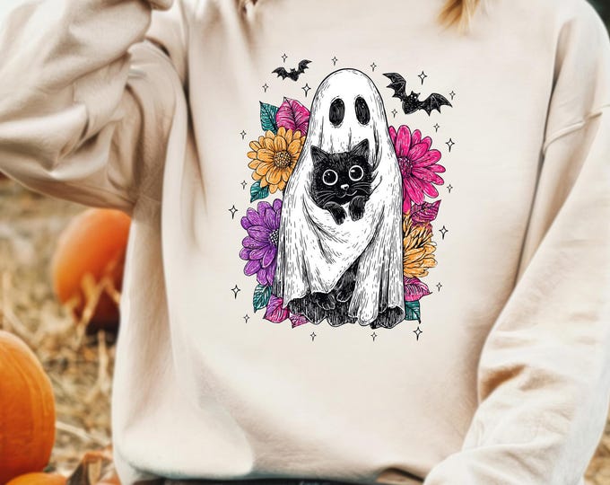 Retro Halloween Ghost and Cat Sweatshirt,Halloween Floral Ghost Sweater, Halloween Black Cat Hoodie, Halloween Costume for Family,Ghost Gift