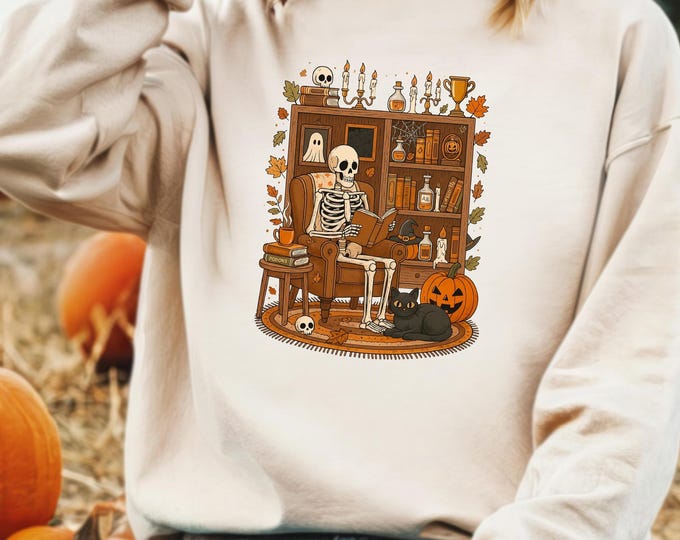 Ghost Reading Halloween Sweatshirt, Book Lover Gift, Fall Librarian Sweatshirt, Boo Bookish Hoodie, Halloween Skeleton Book Club Sweater