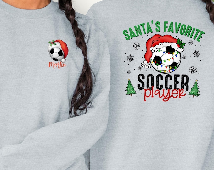 Personalized Santa's Favorite Soccer Player Sweatshirt, Custom Santa Hat Sweater, Christmas Lights Soccer Hoodie, School Sports Team Sweater