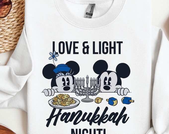 Mickey And Minnie Happy Hanukkah Sweatshirt,Hanukkah Dinner Night,Menorah Sweater, Jewish Holiday Sweater,Hanukkah Love and Light Sweatshirt