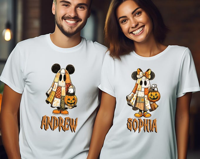 Custom Name Halloween Floral Couple Tshirt, Retro Halloween Matching Shirt, Preppy Halloween Ghost Shirt, Spooky Season Disney Shirt