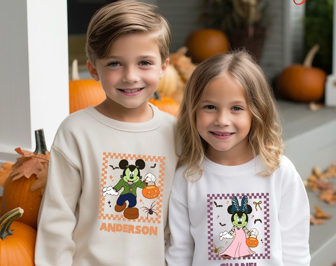 Custom Name Mickey and Minnie Halloween Sweatshirt,Halloween Couple Sweater, Mouse Pumpkin Sweatshirt, Ghost Mouse Sweatshirt,Halloween Gift