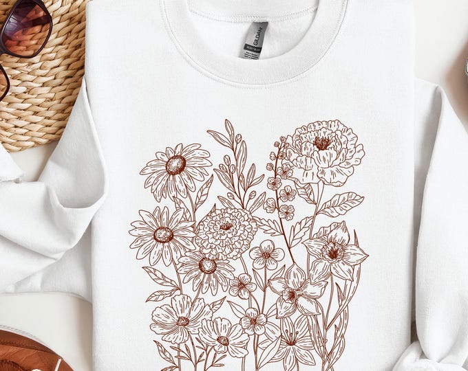 Retro Wildflower Sweatshirt, Cute Bouquet Sweater, Floral Whimsical Hoodie, Gift for Woman, Trendy Sweatshirt