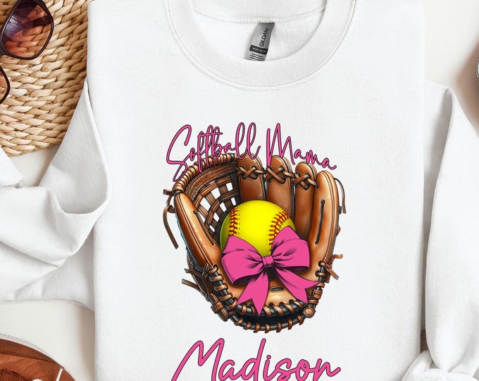 Custom Name Softball Mama Sweatshirt,  Pink Coquette Bow Softball Sweater, Softball Season Sweatshirt, Softball Game Day Gift