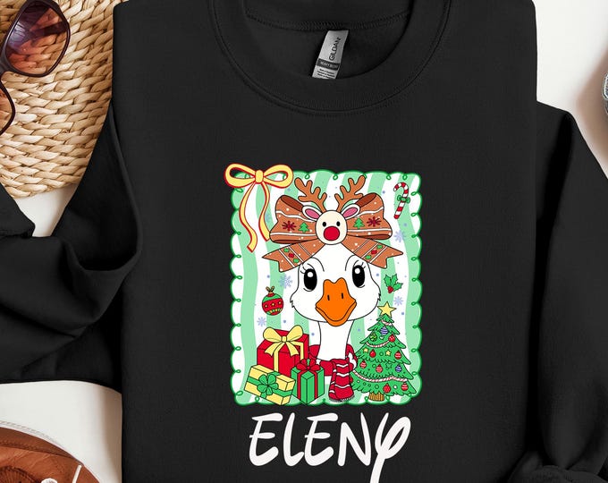 Custom Name Christmas Goose Sweatshirt, Christmas Festive Gift, Santa Goose Sweater, Deer Goose Coquette Hoodie,Personalized Xmas Kids Shirt