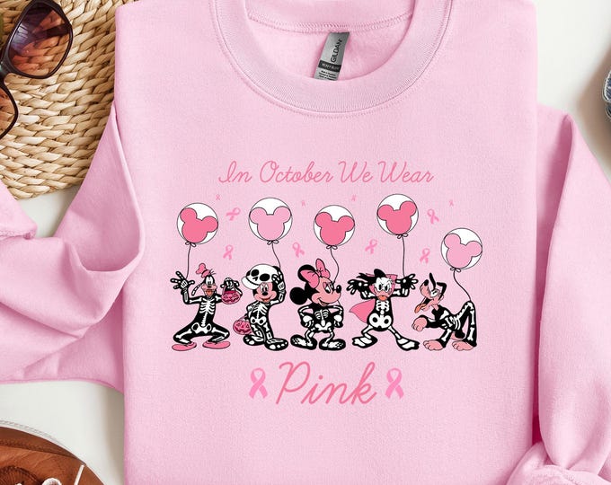 Disney Characters Breast Cancer Awareness Sweatshirt, Halloween Pink Sweatshirt, Mouse and Friends We Wear Pink Sweater,Cancer Fighter Gift