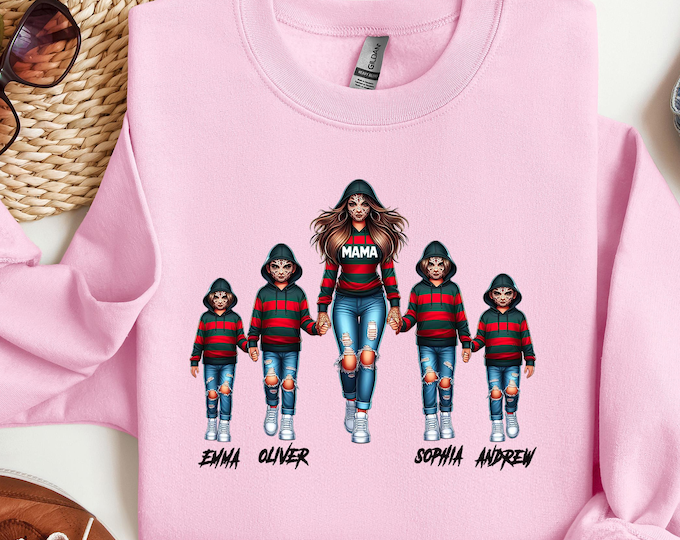 Custom Halloween Horror Mama Sweatshirt, Custom Kids Name Halloween Gift, Spooky Mama Hoodie with Kids Names, Horror Movie Party Costume