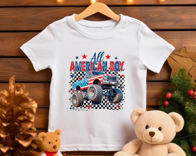 Retro All American Boy Shirt, American Boys Shirt, 4th July Shirts for Kids,  USA Monster Truck Shirt, Patriotic Boys Shirt, American Flag