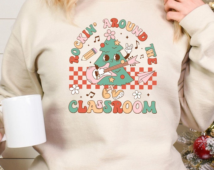 Retro Teacher Christmas Sweatshirt, Rockin Around The Classroom, Christmas Teacher Sweater, Merry Teacher Sweater,Cute Christmas Tree Hoodie