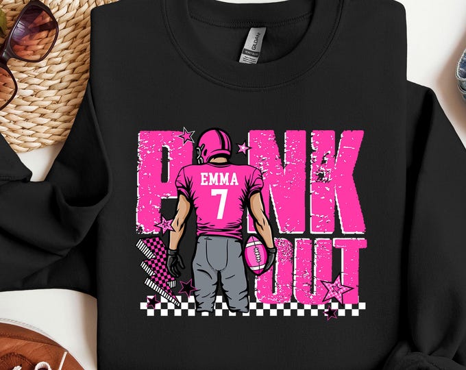 Custom Pink Out Football Sweatshirt, Personalized Name and Number Pink Sweatshirt, Breast Cancer Awareness Sweater, Retro Fight Cancer Gift