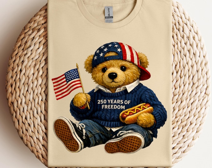250 Years of Freedom Bear Shirt, Patriotic Bear Tshirt, Independence Tee with USA Flag, Red White and Blue