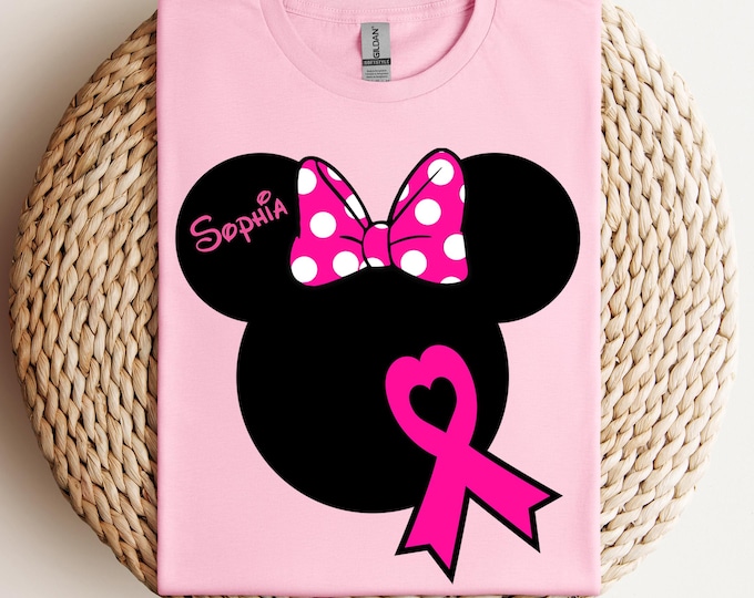 Custom Name Minnie Breast Cancer Shirt, Disney Breast Cancer Awareness Tee, Pink Ribbon Shirt, Personalized Cancer Fighter Gift
