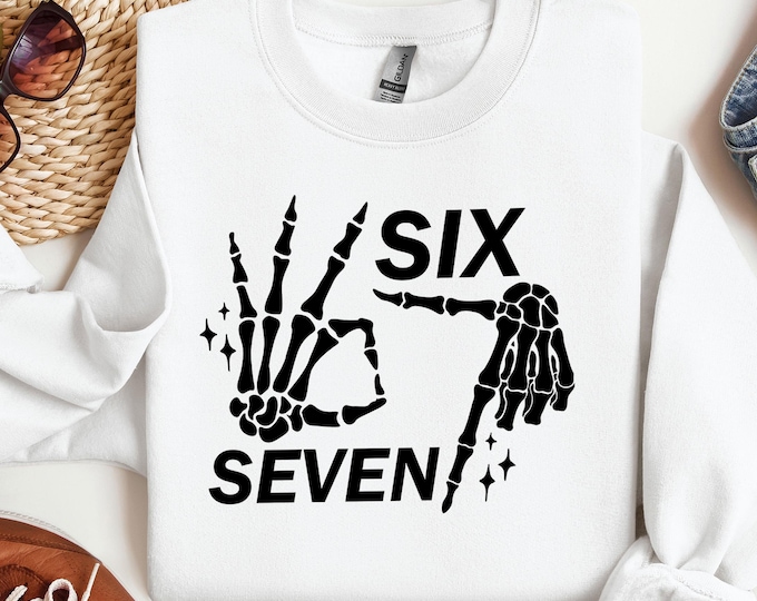 Six Seven 6 7 Sweatshirt, Halloween Meme Sweater, Funny Skeleton Hands Hoodie, Halloween Bones Sweater, Spooky Season Gift