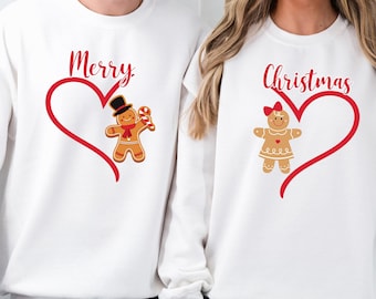 Gingerbread Christmas Couple Sweatshirt, Merry Xmas Heart Sweater, Matching Hoodie