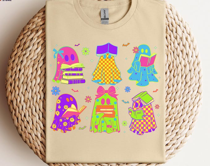 Ghost Reading Books Tshirt, Colorful Halloween Reading Shirt, Retro Halloween Shirt, Ghost Neon Shirt for Librarians, Teacher Halloween Gift