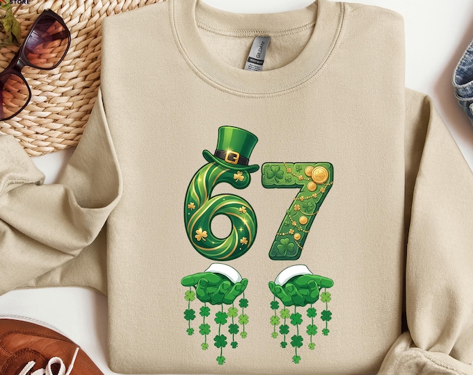 67 St. Patrick's Day Sweatshirt, Six Seven Shamrock Sweater, Viral Meme Hoodie, Gen Z Irish Day Gift, Holiday Humor Sweater