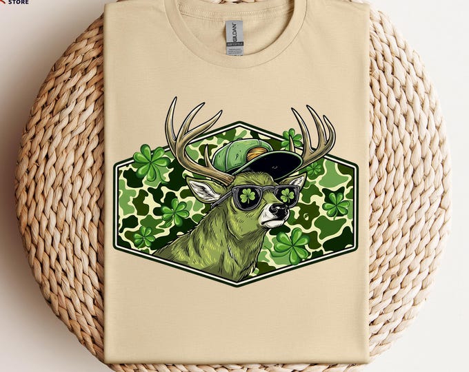 St. Patrick's Day Deer Shirt, Camo Hunting Shirt with Shamrock, Lucky Green Deer Tee, Irish Deer Hunting Tshirt, St Patrick Boys Shirt