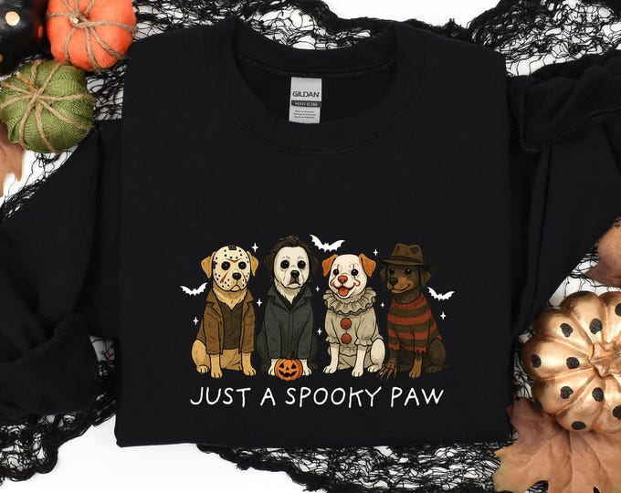 Just a Spooky Paw Sweatshirt, Halloween Dog Sweater, Halloween Horror Characters Sweatshirt,  Dog Lover Sweater, Halloween Animal Hoodie