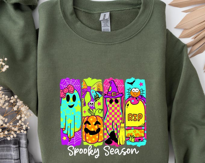 Neon Spooky Season Sweatshirt,Cute Halloween Things Sweater, Halloween Ghost Cat Sweatshirt, Coquette Pumpkin, Halloween Brushstroke Hoodie