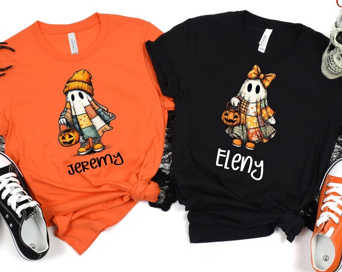 Custom Name Halloween Ghost Shirt, Ghost Patchwork Shirt,Personalized Spooky Season Tee, Custom Ghost Pumpkin Shirt, Halloween Gift for Kids