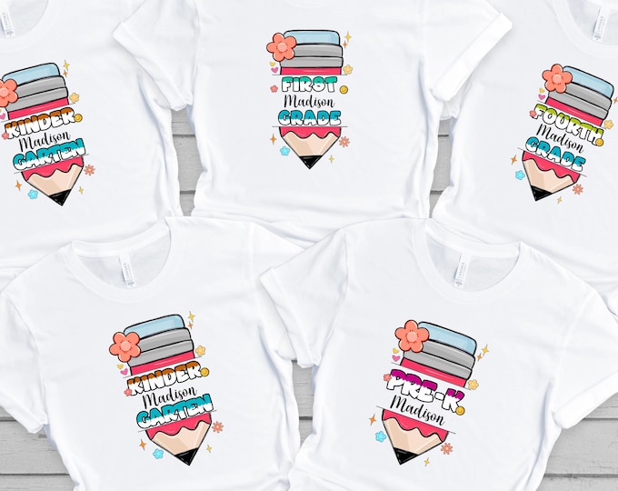 Custom Name Back To School Tshirt,Preppy Teacher First Day of School Shirt,Girly Pencil Shirt,Pre-k 1st/2nd/3rd/4th Grade Shirt,Student Gift