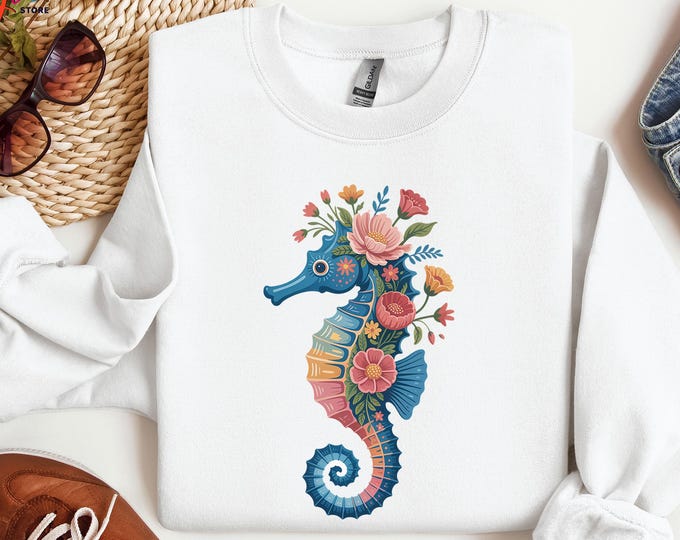 Floral Seahorse Sweatshirt, Sea Animal Lover Sweater, Flower Seahorse Hoodie, Ocean Animal Gift, Rescue the Seas Sweatshirt, Ocean Sweater