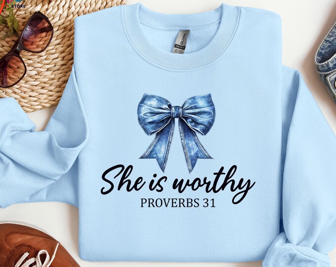 She is Worthy Bow Sweatshirt, Women's Christian Sweater, Cute Christian Coquette Sweatshirt,Girly Faith, Hoodie, Christian Christmas Sweater
