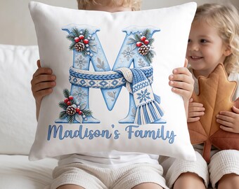 Personalized Family Pillow, Blue Christmas Alphabet Monogram Cushion, Winter Scarf Holiday Throw Pillow