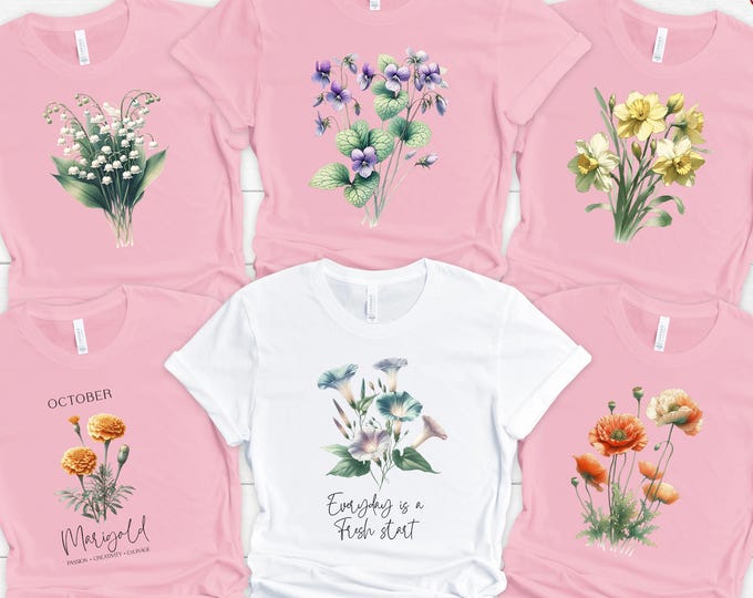 Birth Month Flower Tshirts, Custom Flowers Shirt,  Floral Names Shirt, Month Flower Shirt, Flower Graphic, Tee, Botanical Shirt for Women