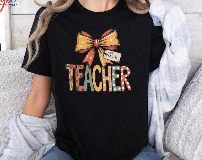 Custom Name Teacher Coquette Tshirt,Personalized Floral Teacher Shirt, Dalmatian Design for Teacher, Back to School Teacher Tee,Teacher Gift