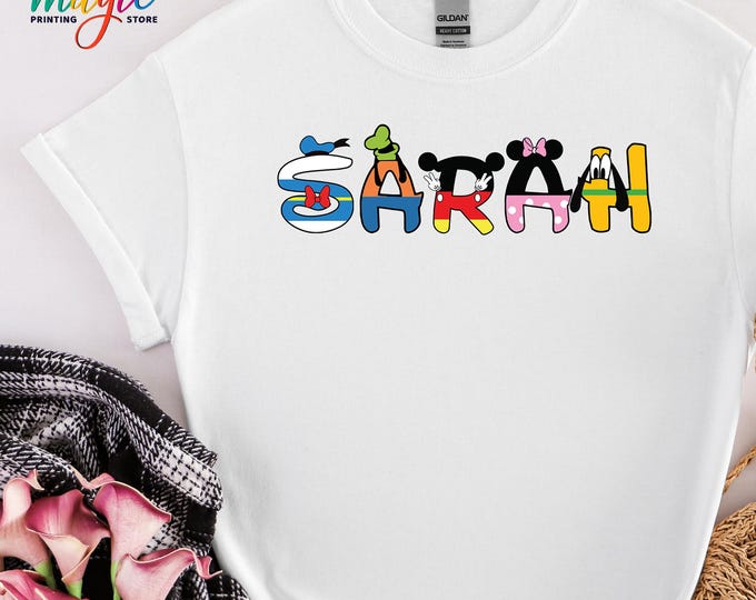 Custom Mickey and Friend Alphabet Shirt, Cute Character Alphabet Shirt, Personalized Cartoons Letters Tee, Disney Character Alphabet Shirt