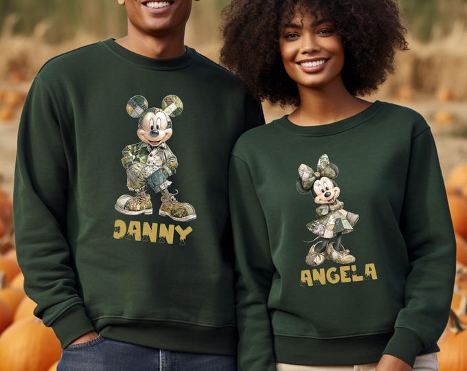 Custom Name Disney Camo Sweatshirt, Personalized Cartoon Patchwork Fall Sweater, Fall Camo Bow Sweatshirt, Mouse Couple Matching Sweater