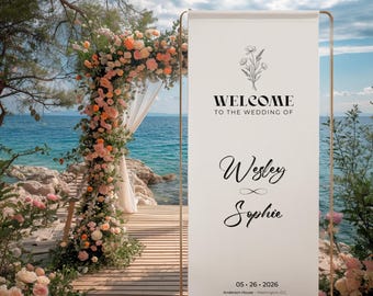 Custom Fabric Wedding Welcome Banner, Personalized Names & Date Reception Decor, Modern Ceremony Sign