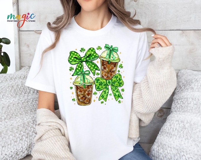 Coquette St Patricks Iced Coffee Shirt, Shamrock Coffee Cups Tshirt, Four Leaf Clover, Lucky Coffee Lover Tee, Gift for Irish
