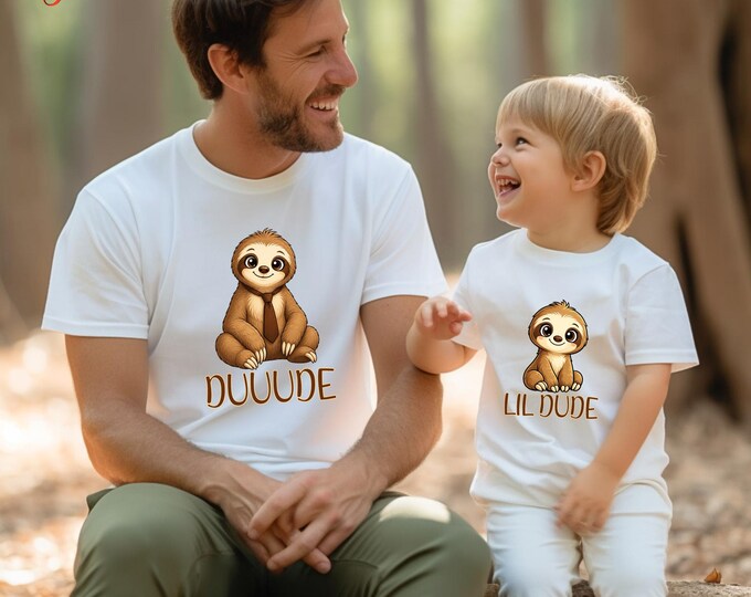 Funny Sloth TShirt, Duuude Lil Dude Matching Dad and Kid Shirt, Funny Safari Animal Lover Top