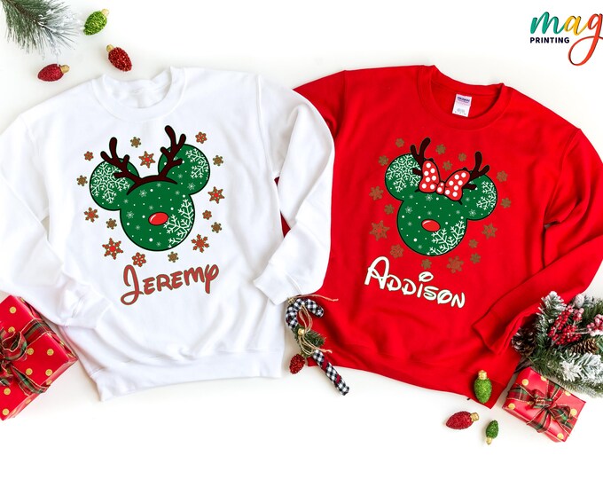 Custom Mickey Minnie Reindeer Christmas Sweatshirt, Disney Christmas Couple Gifts, Xmas Family Vacation