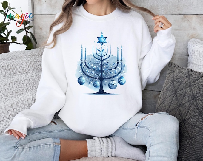 Happy Hanukkah Chrismukkah Sweatshirt, Blue Menorah Hoodie, Candlestick Christmas Pullover, Jewish Holiday Shirt