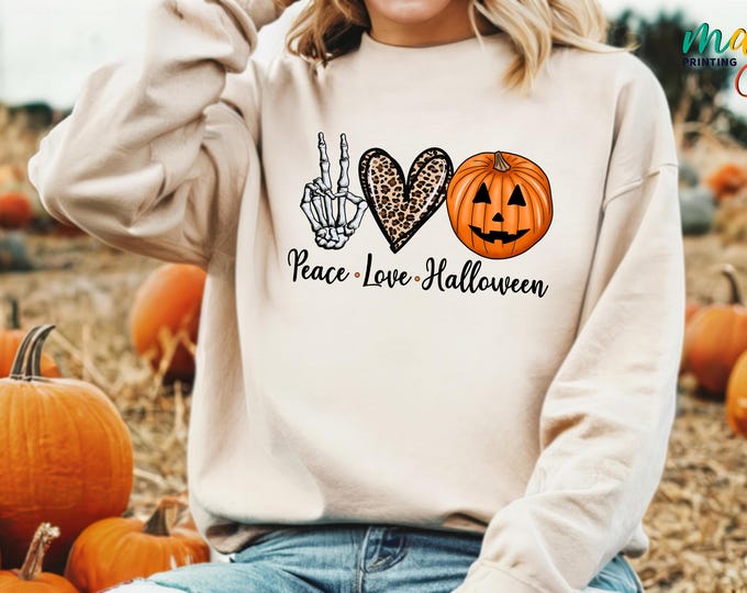 Peace Love Halloween Sweatshirt,Skeleton Hand and Leopard Heart Sweater,Halloween Pumpkin Sweater,Halloween Season Sweatshirt,Halloween Gift
