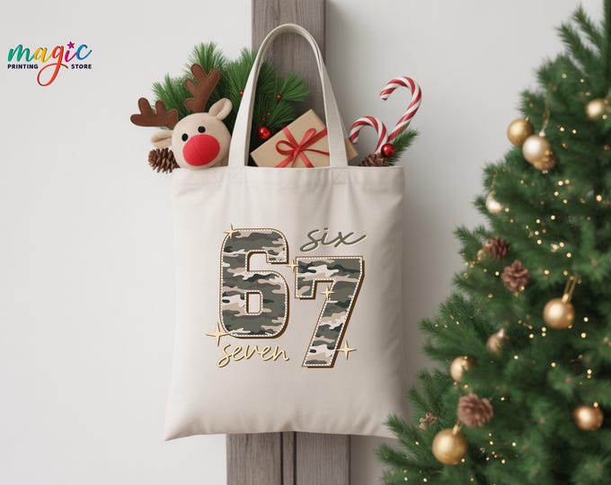 Camo Six Seven Tote Bag, Funny 6 7 Meme Canvas Bag, Xmas Gift for Teen Girls, Viral Humor Gift, Funny Saying