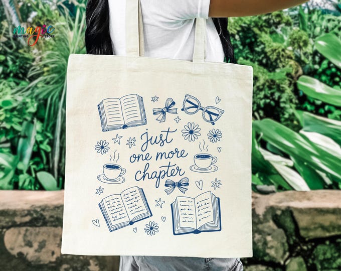 Vintage Bookish Tote Bag, Just One More Chapter Tote, Book Club Gift, Book Lover Bag, Reading Tote Bag, Librarian Gift