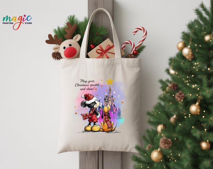 Christmas Castle Tote Bag, Mickey Minnie Canvas Xmas Shopping Bag, Disneyland Trip Gifts