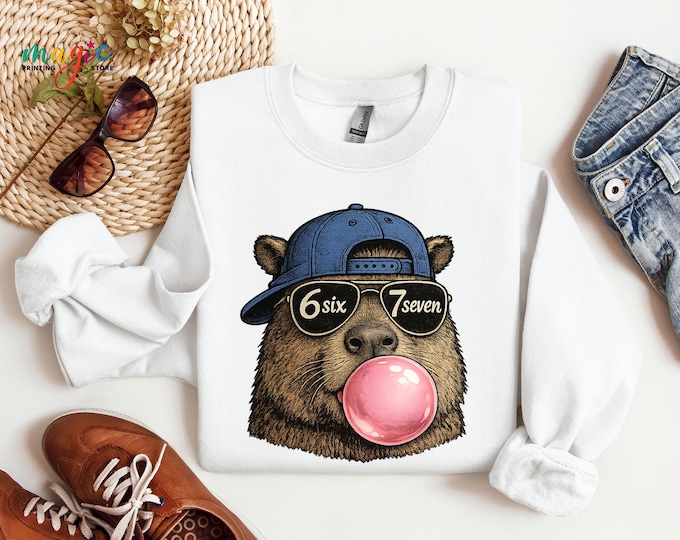 Funny Capybara 6 7 Kids Sweatshirt, Cool Capybara Blowing Bubblegum Shirt, Cool Kids Sweater, Toddler Birthday Gift