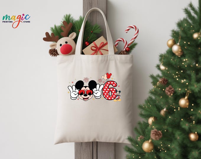 Mickey and Friends Christmas Tote Bag, Xmas Holiday Shopping Bag, Disneyland Trip Gifts